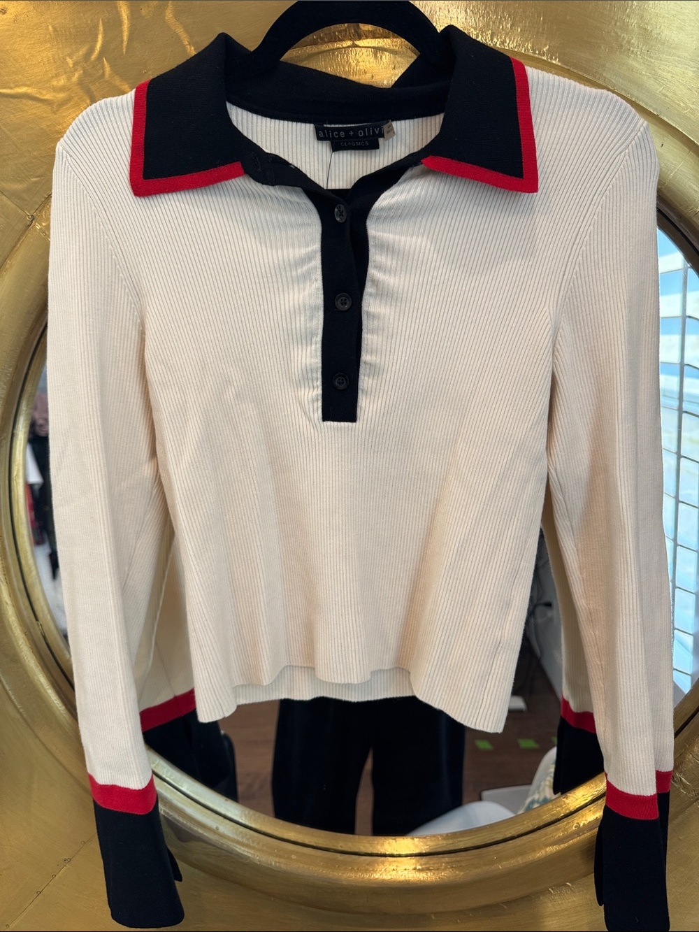 Alice + Olivia Cream Ribbed Polo with Black Collar and Red Trim